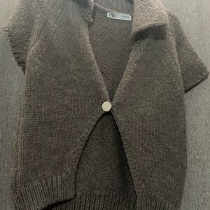 ZARA Brown Short-Sleeve Knit Cardigan Sweater
